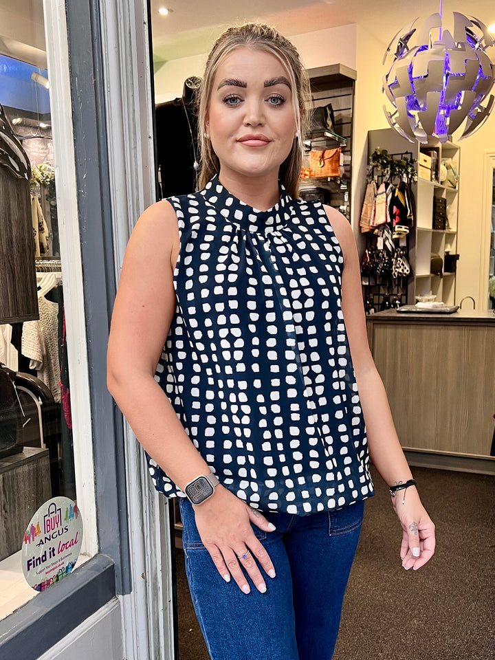 Dot Design Bubble Hem Sleeveless Blouse NAVY