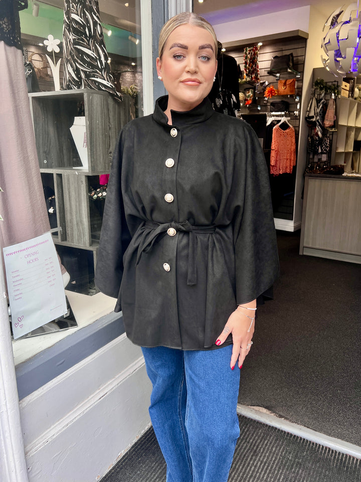 Savannah Suede Belted Cape BLACK