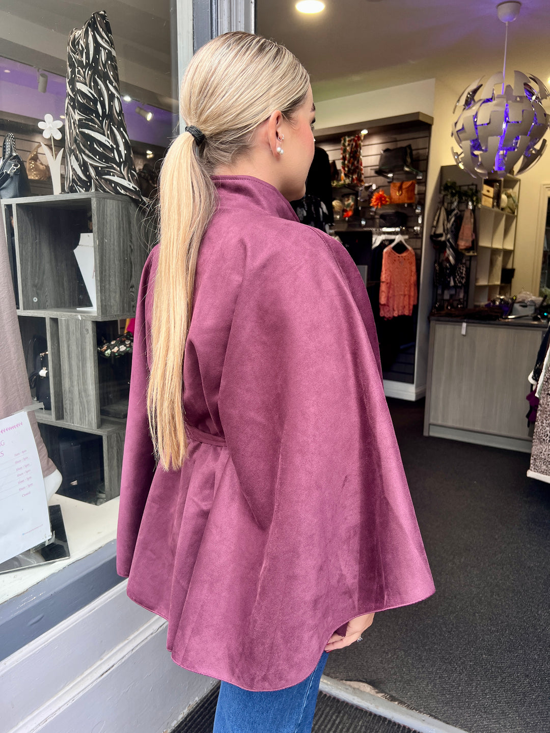 Savannah Suede Belted Cape BERRY