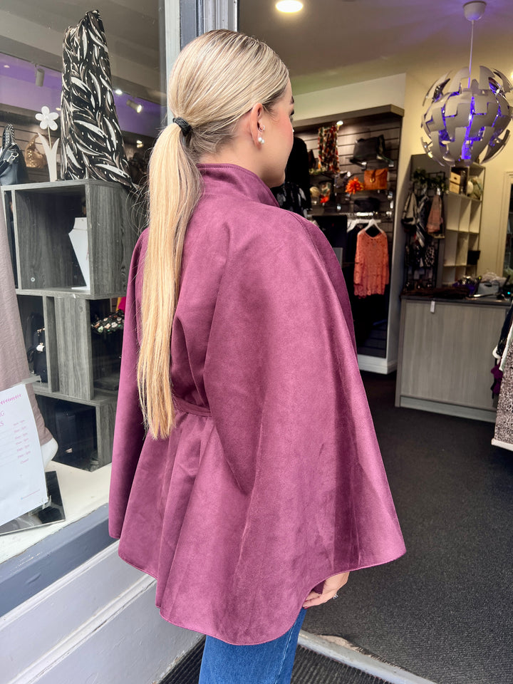 Savannah Suede Belted Cape BERRY