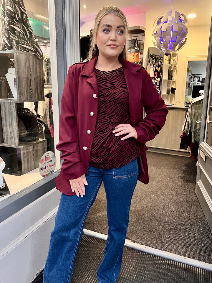 Josie Zebra Print Lined Mesh Top BURGUNDY