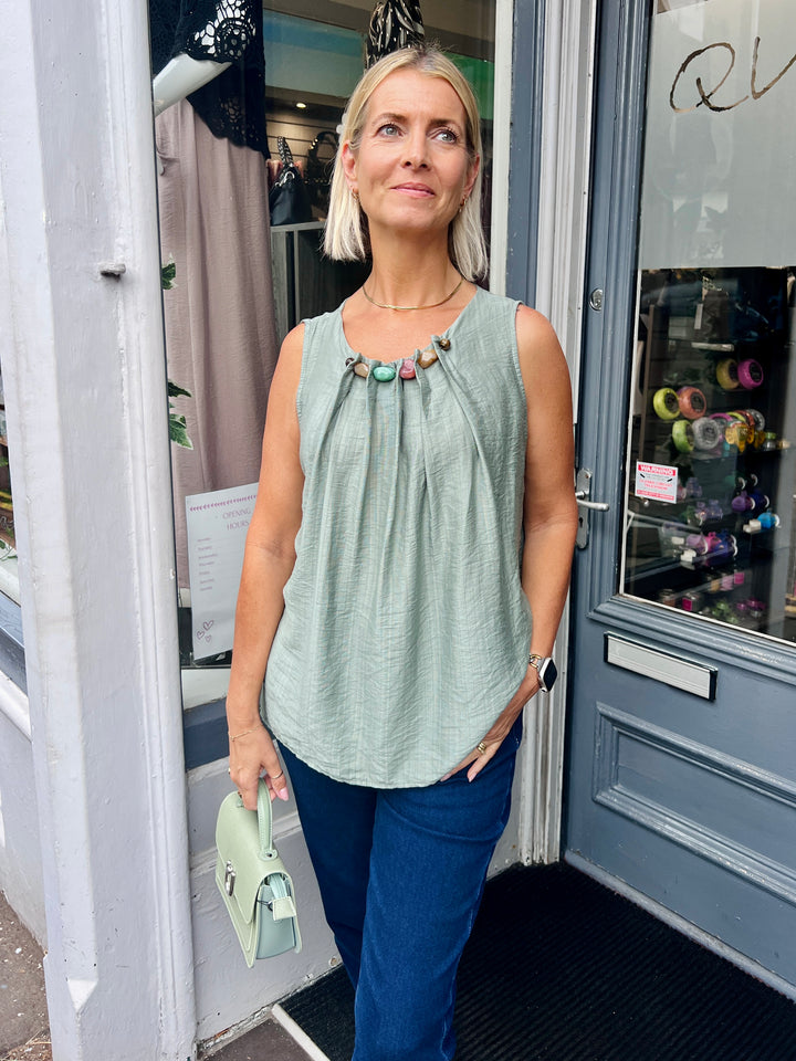 Lilly Beaded Neck Top KHAKI