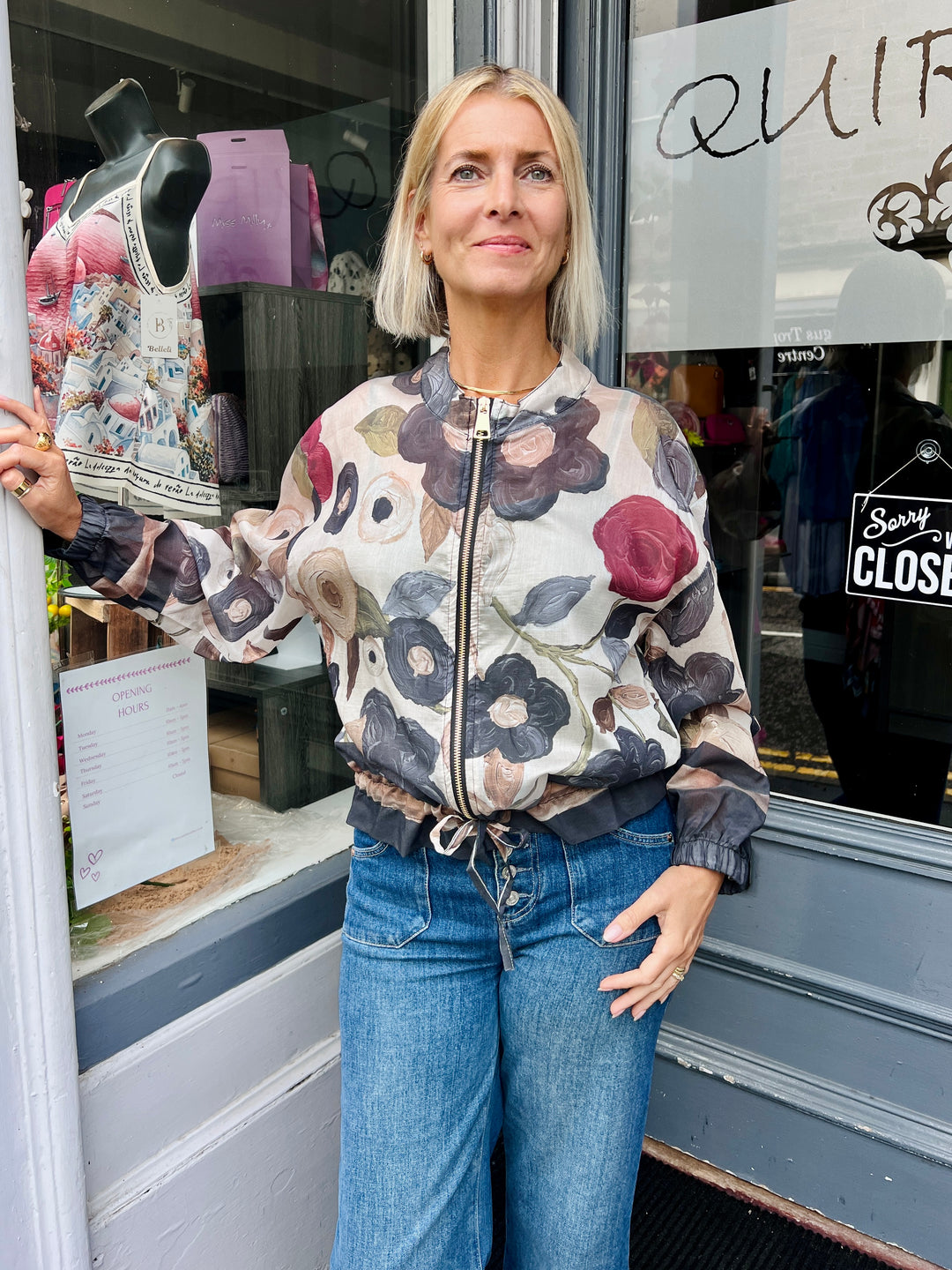 Mixed Flower Design Bomber Jacket CHARCOAL