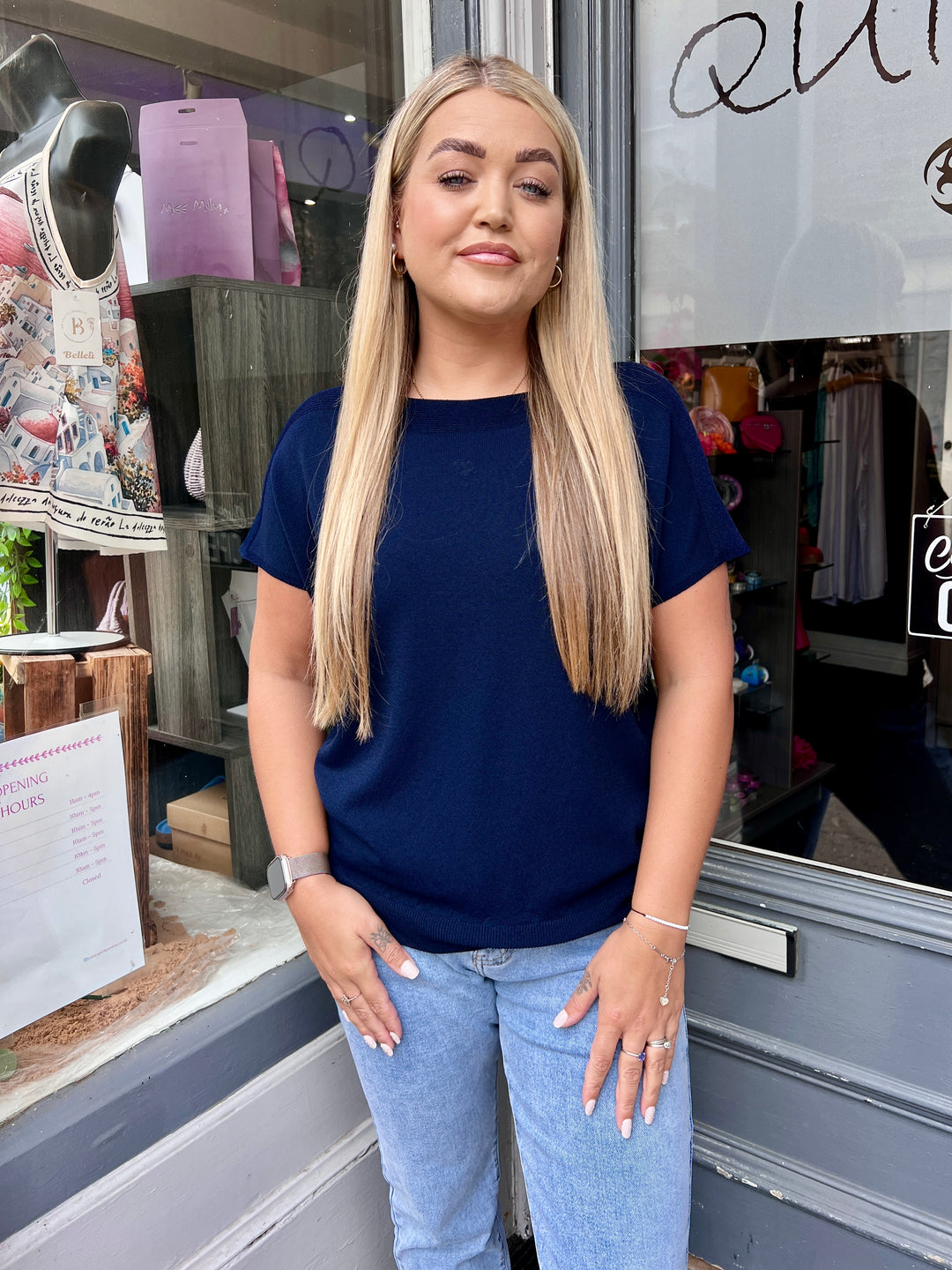 Jenna Fine Knit Short Sleeve Top NAVY