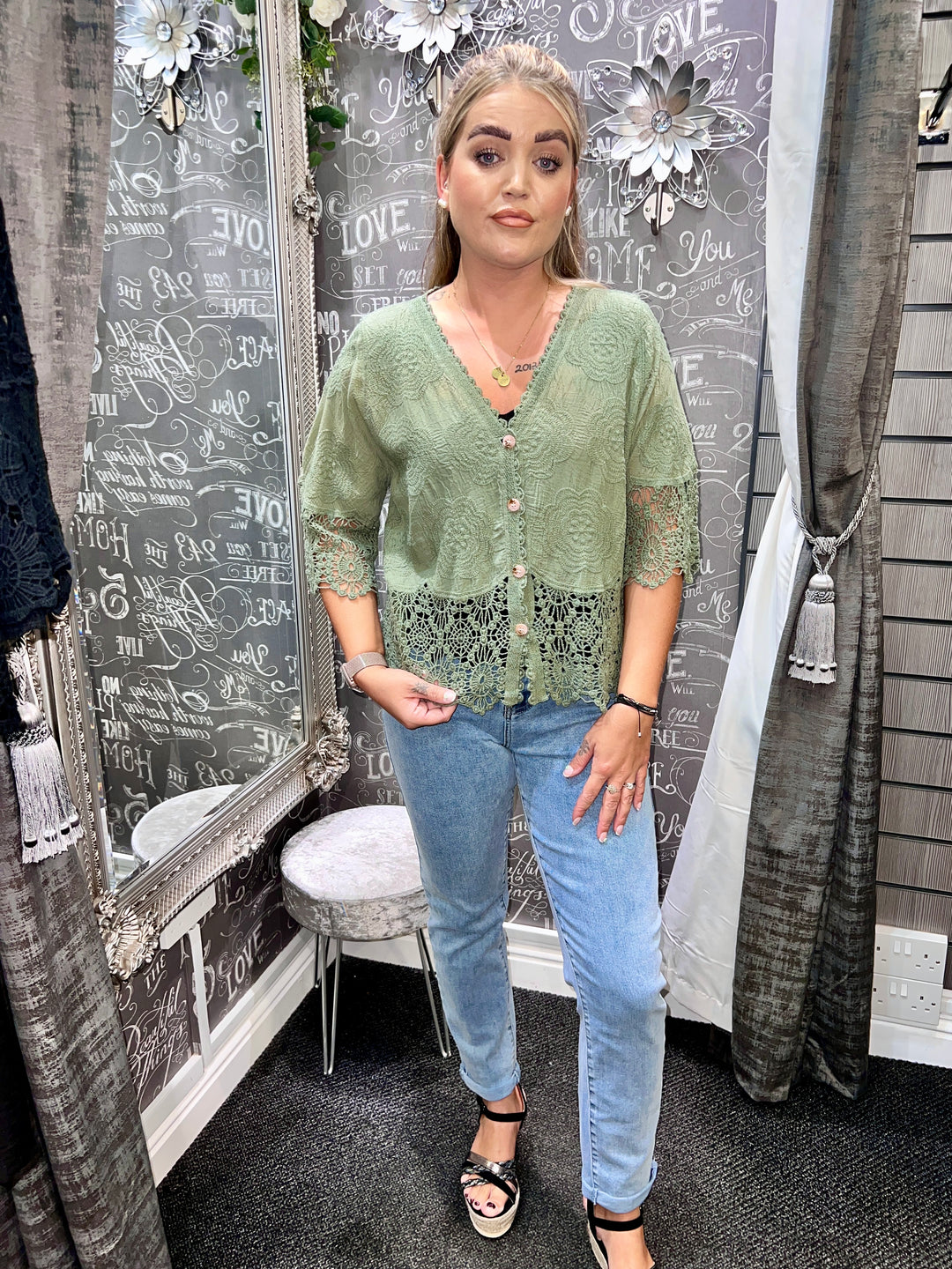 Rhona Floral Lace Blouse KHAKI