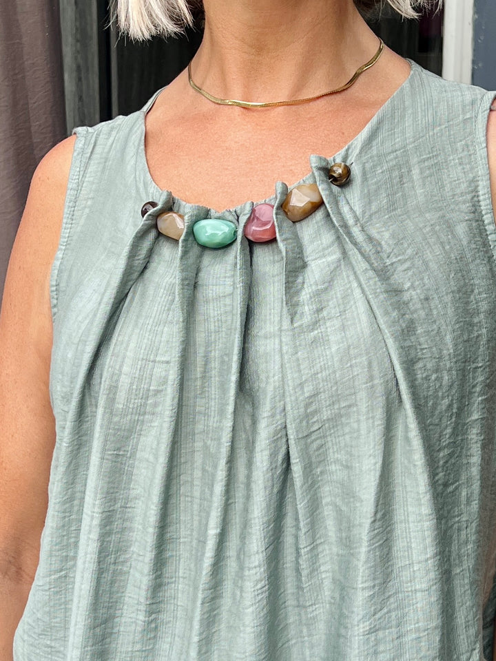 Lilly Beaded Neck Top KHAKI