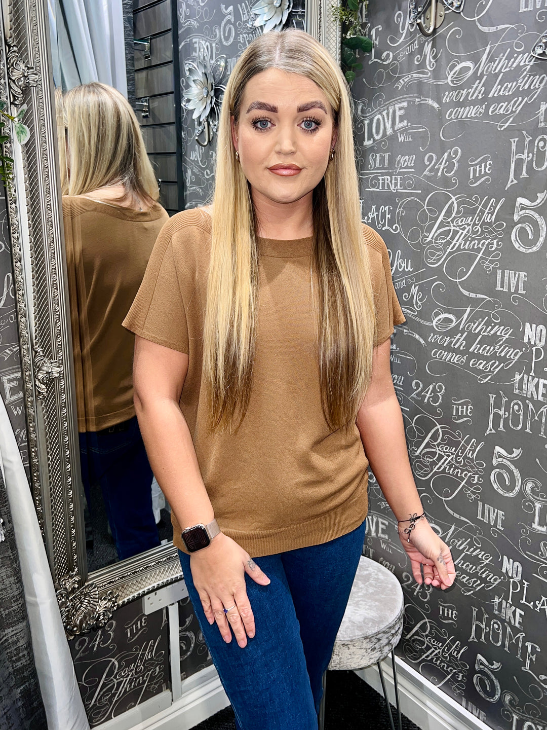 Jenna Fine Knit Short Sleeve Top CAMEL
