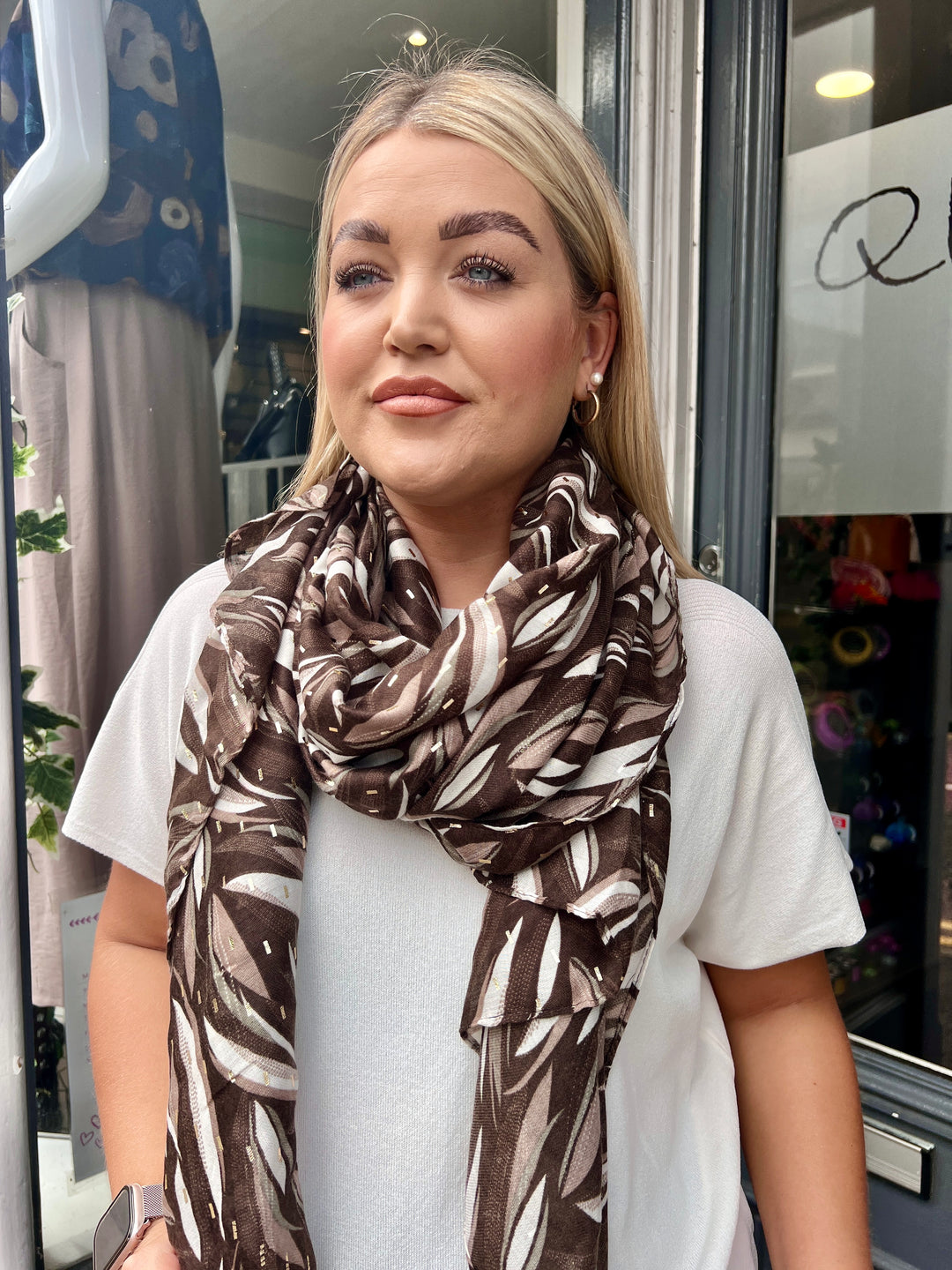 Bold Leaf Print Scarf BROWN