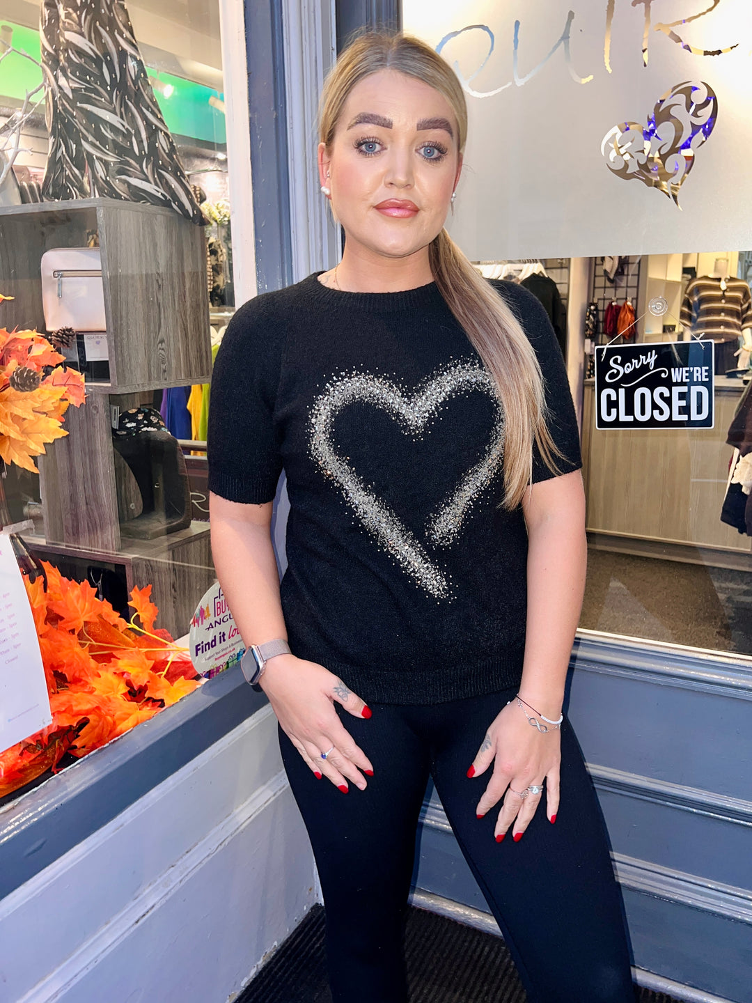 Thea Diamante Embossed Heart Knit BLACK