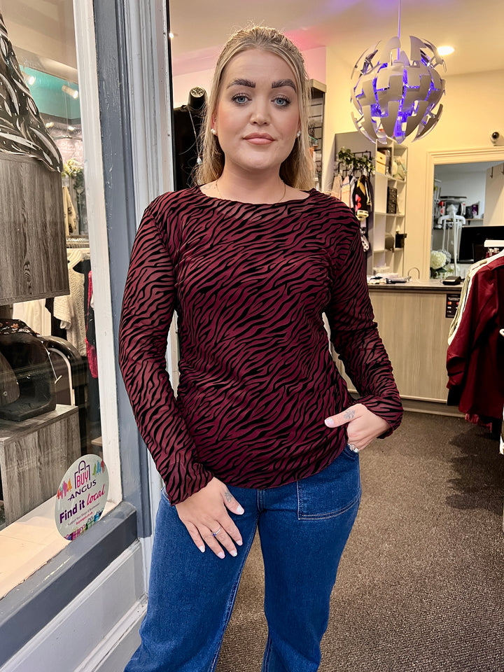 Josie Zebra Print Lined Mesh Top BURGUNDY