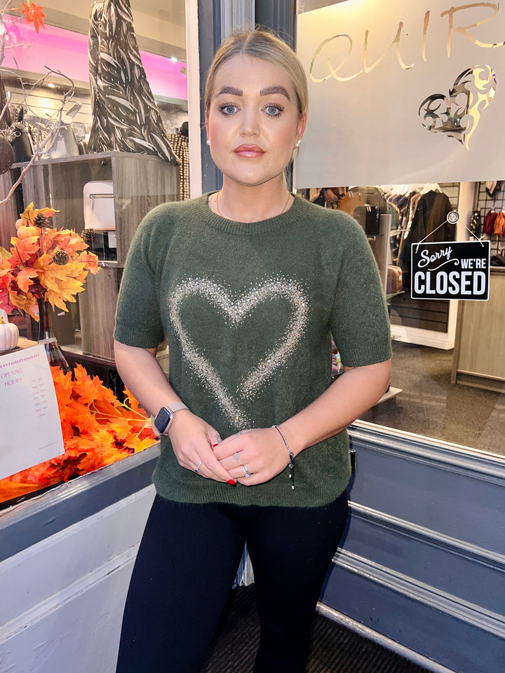 Thea Diamante Embossed Heart Knit KHAKI