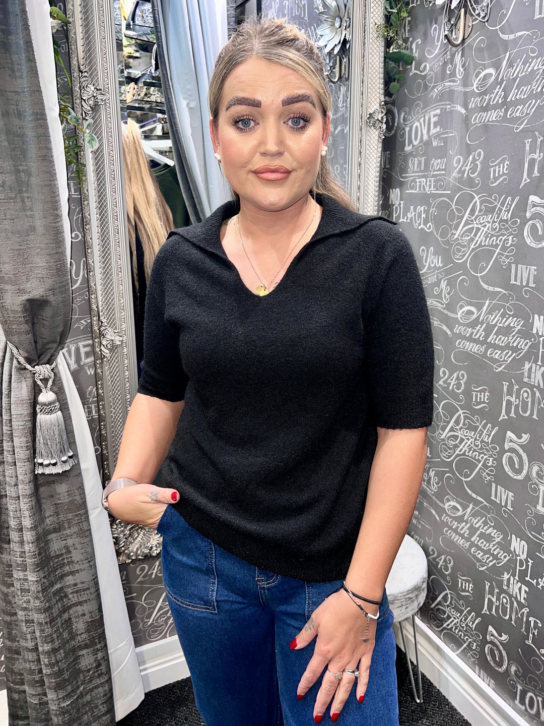 Tamsin Short Sleeve Polo Knit BLACK