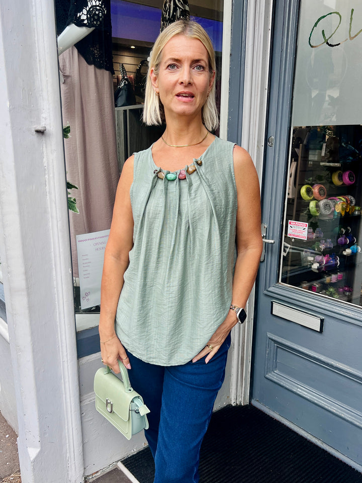 Lilly Beaded Neck Top KHAKI