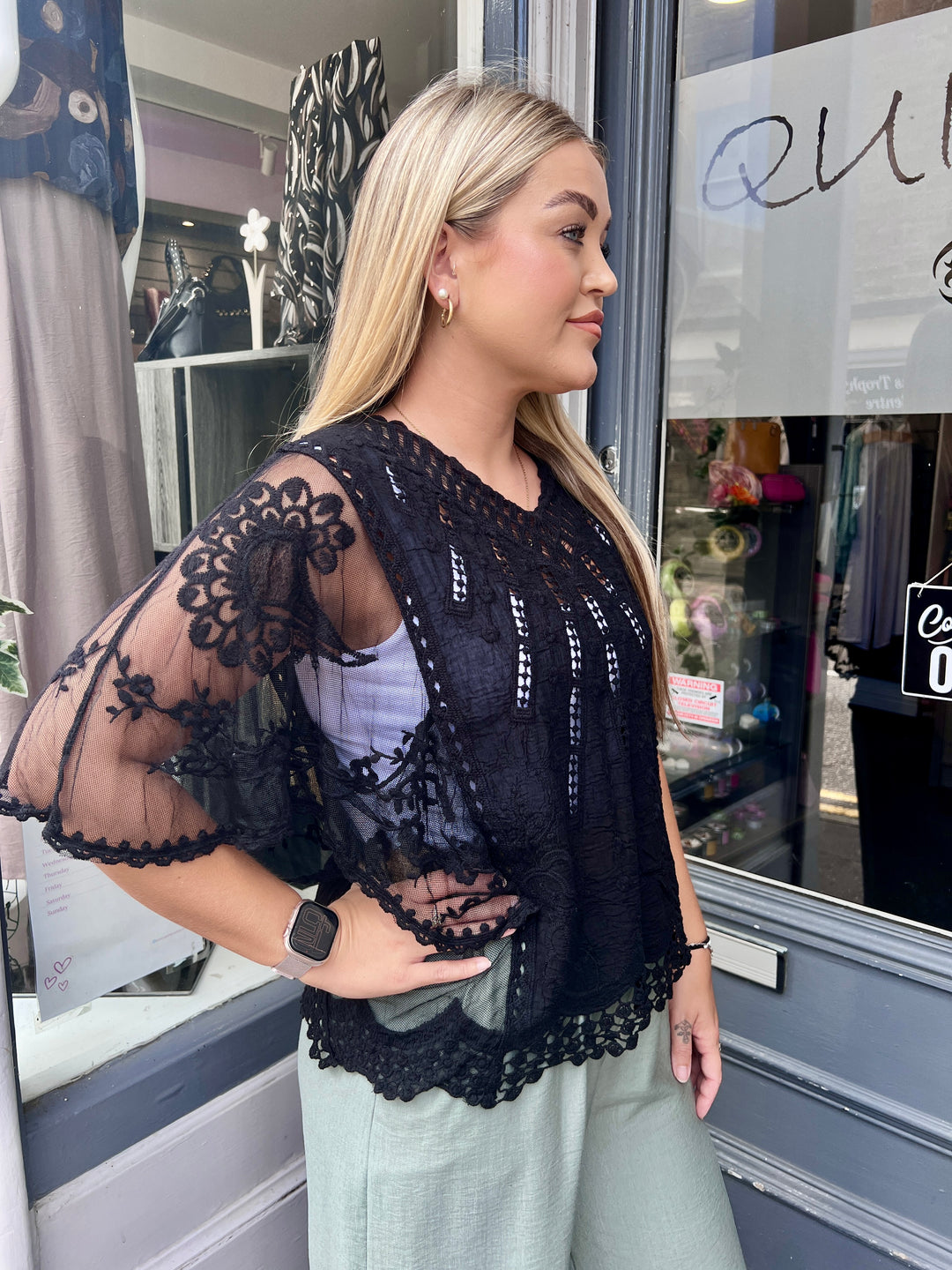 Suzi Embroidered Lace Sleeve Top BLACK