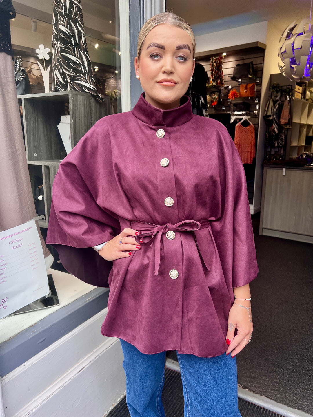 Savannah Suede Belted Cape BERRY