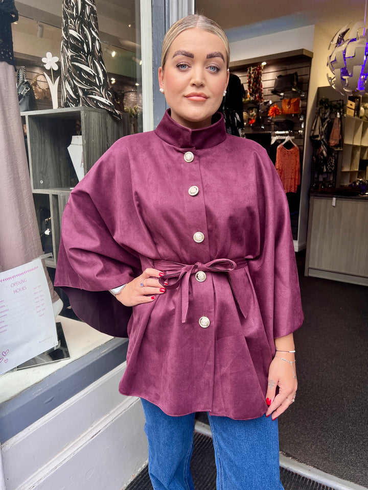 Savannah Suede Belted Cape BERRY
