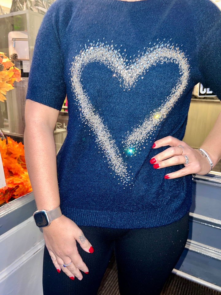 Thea Diamante Embossed Heart Knit NAVY