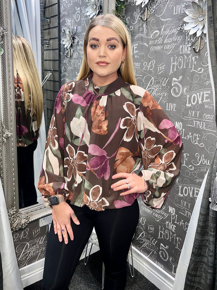 Amelia Floral Bubblehem Blouse CHOCOLATE