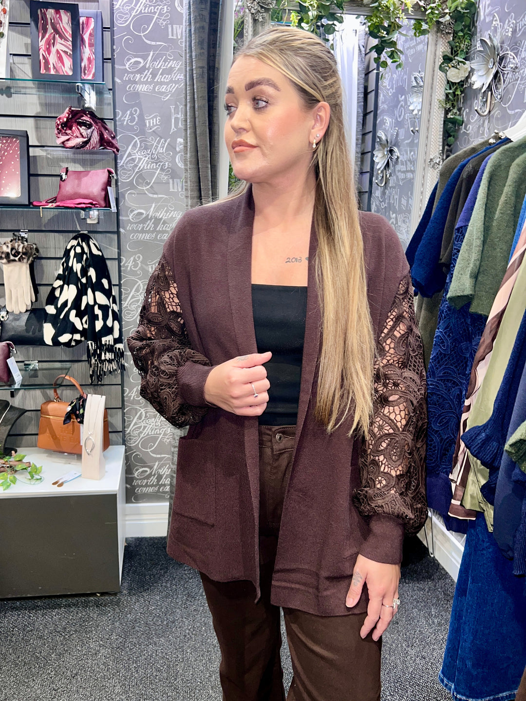Rhianna Guipure Lace Sleeve Cardigan BROWN