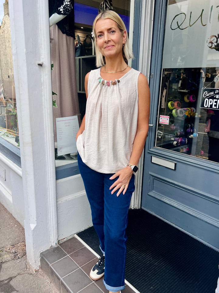 Lilly Beaded Neck Top BEIGE