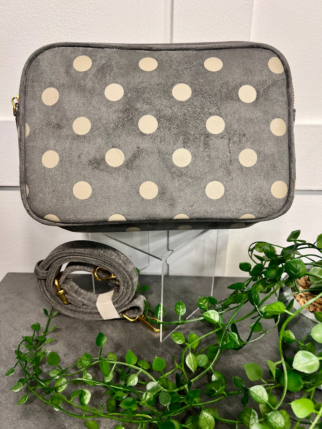 Polka Dot Suedette Camera Bag GREY