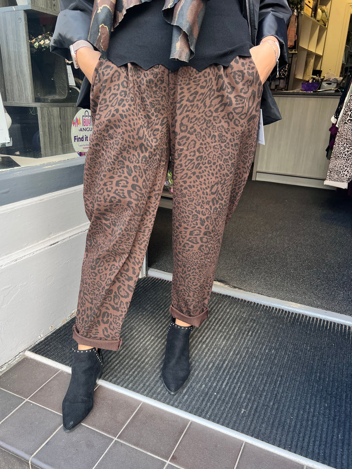 Animal Print Barrel Leg Magic Trousers CHOCOLATE