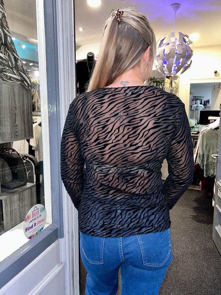 Josie Zebra Print Lined Mesh Top CHARCOAL