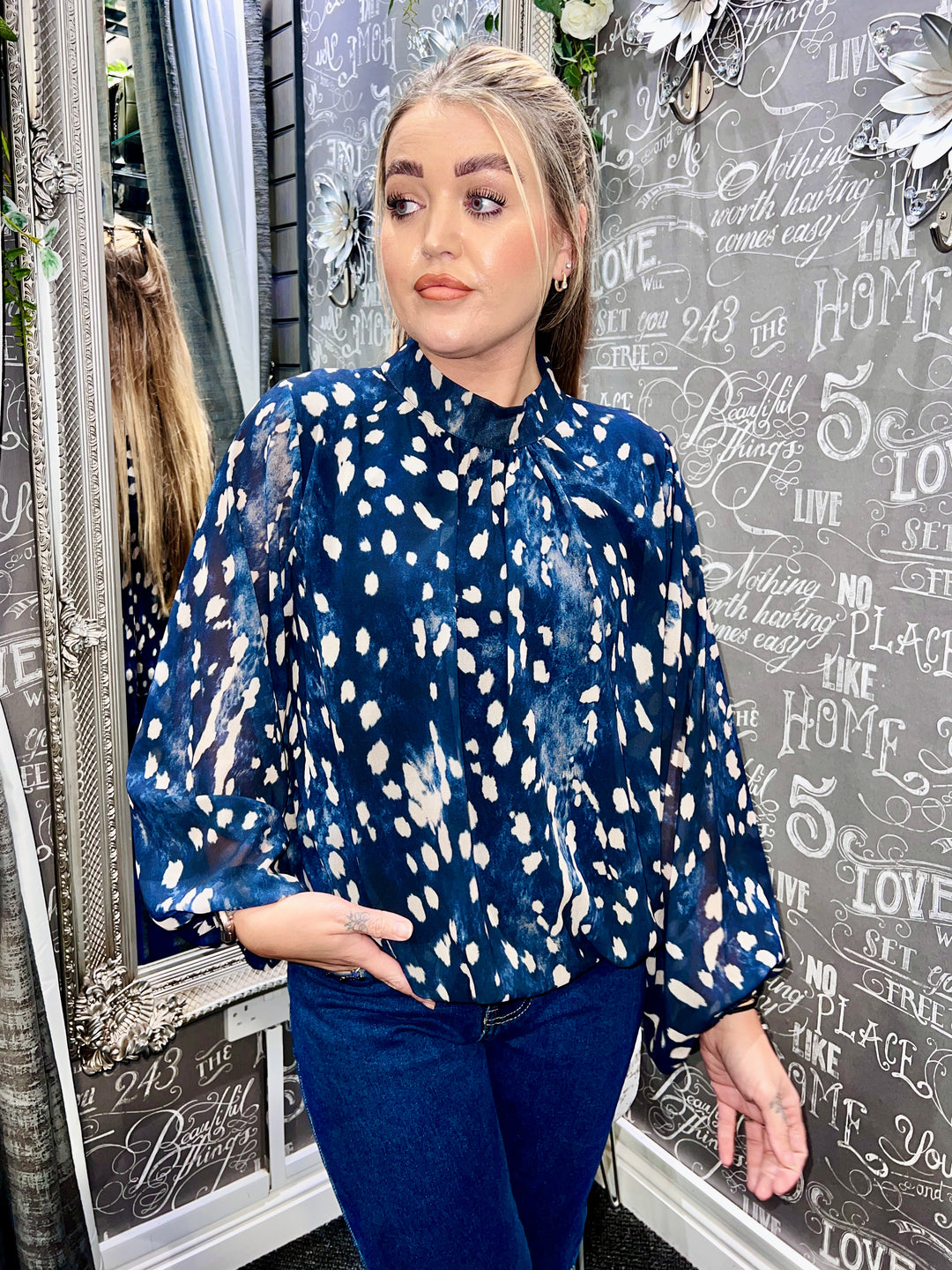Jade Deer Print Bubblehem Blouse NAVY