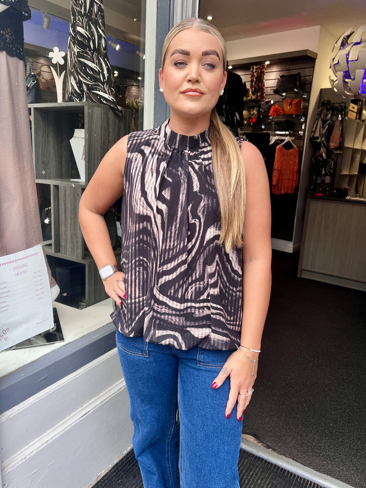 Zebra Stripe Bubble Hem Sleeveless Blouse