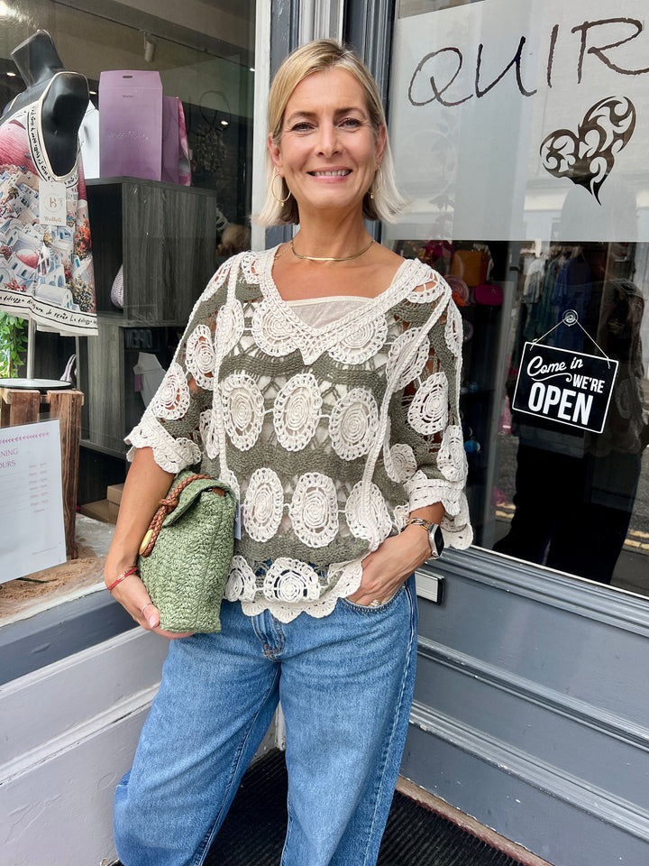 Alice V-Neck Crochet Top KHAKI