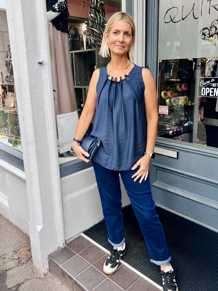Lilly Beaded Neck Top NAVY