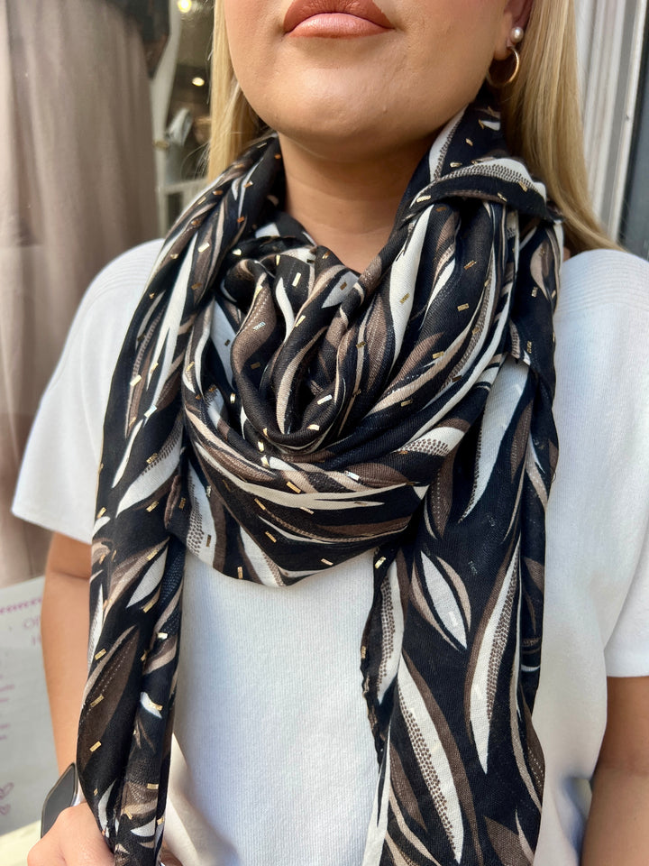 Bold Leaf Print Scarf BLACK