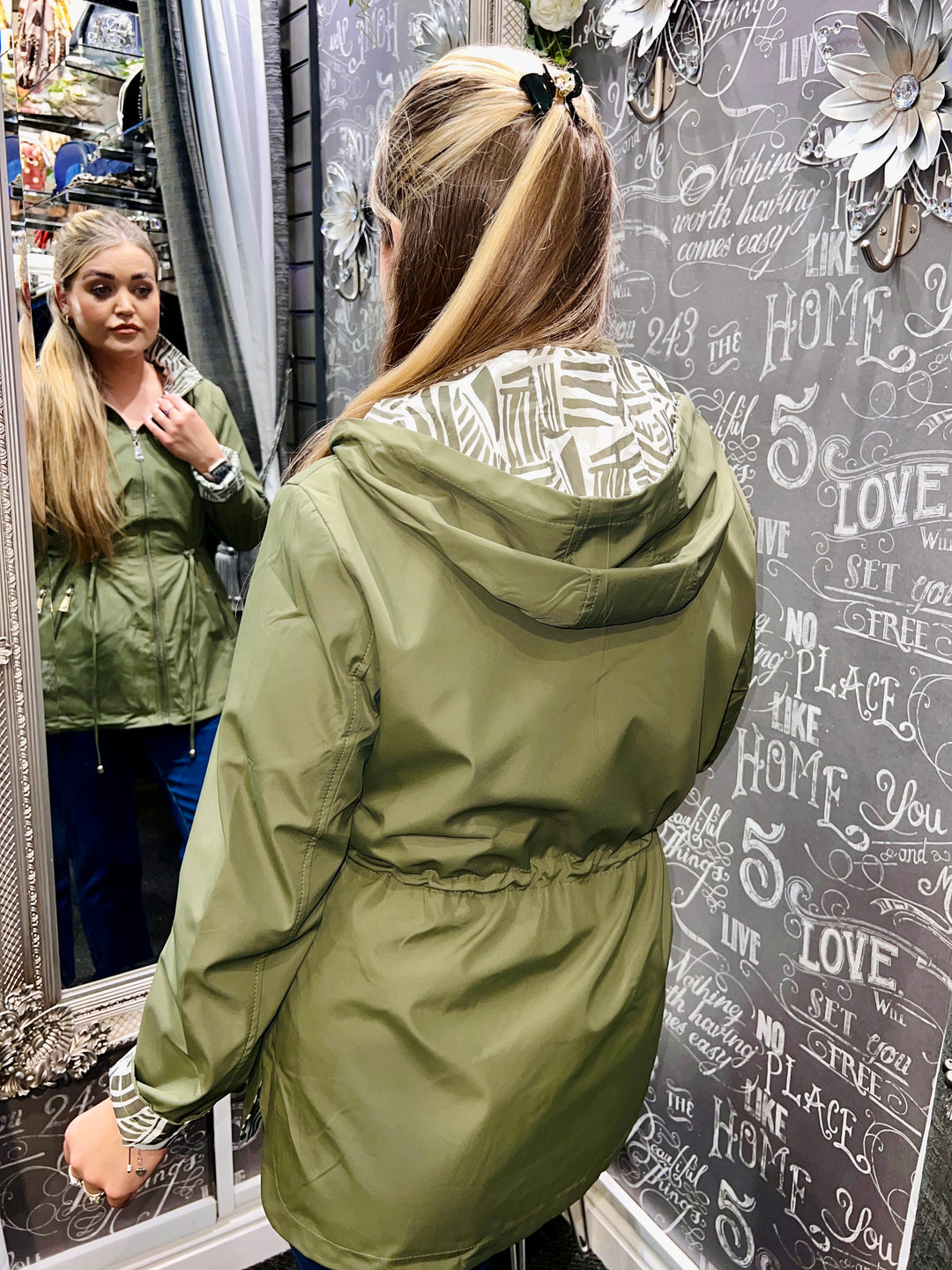Zoe Abstract Print Reversible Rain Coat KHAKI Size