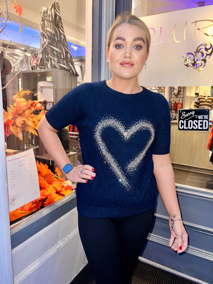 Thea Diamante Embossed Heart Knit NAVY