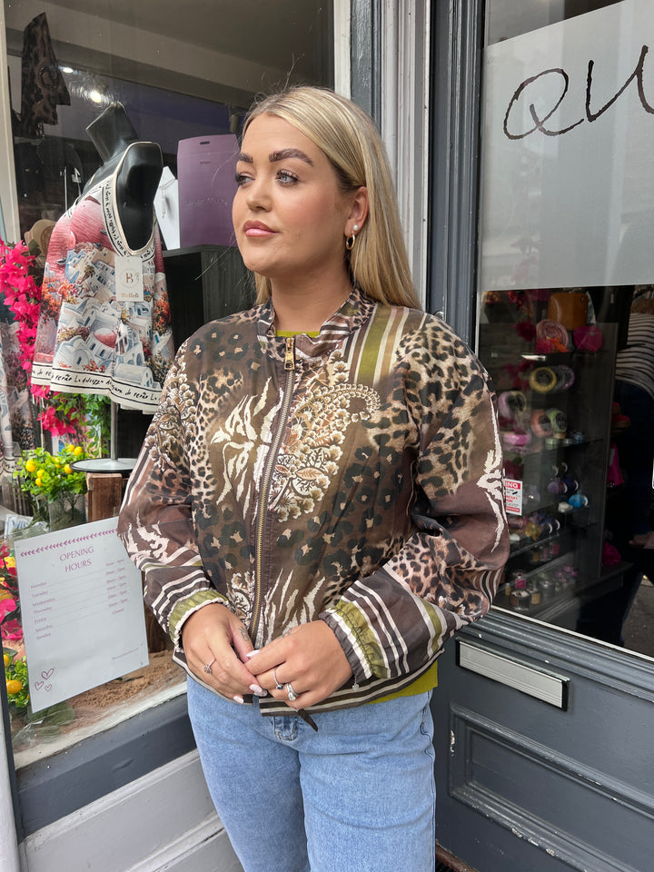 Mixed Animal Print Sheer Bomber Jacket GREEN
