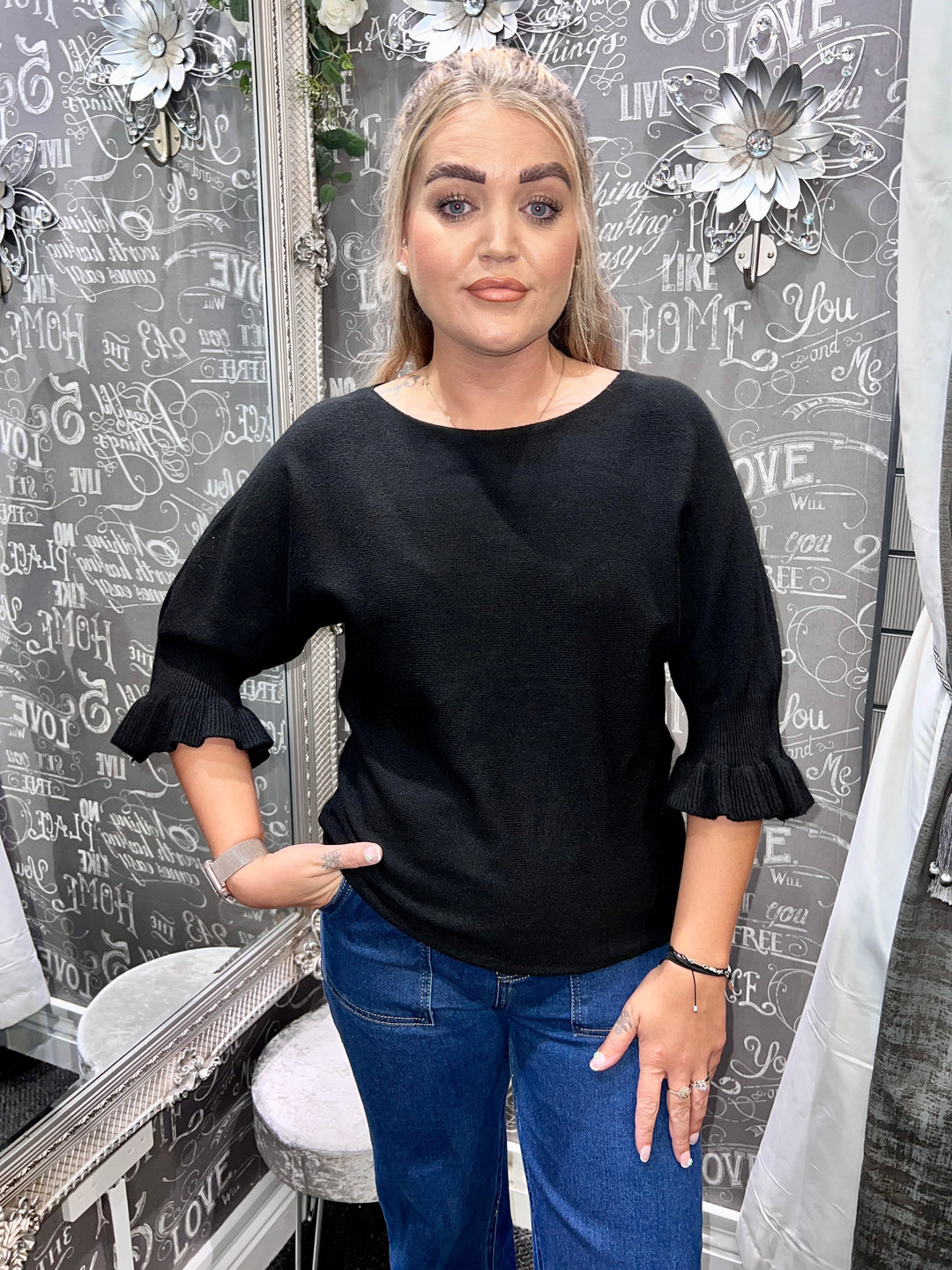 Paige Frill Sleeve Knit BLACK