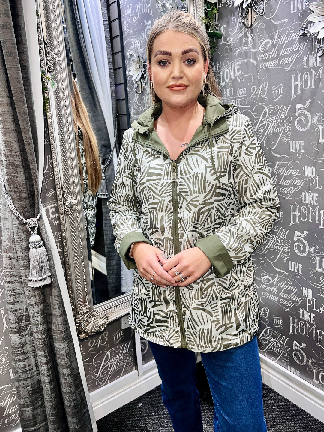 Zoe Abstract Print Reversible Rain Coat KHAKI Size