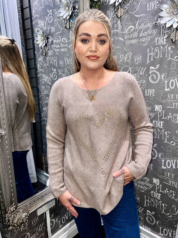 Lily Sparkle Heart Jumper TAUPE