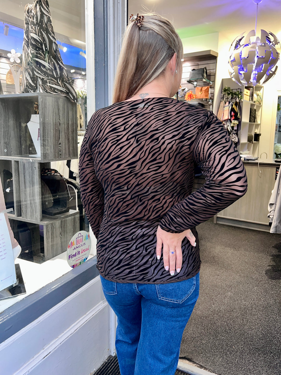 Josie Zebra Print Lined Mesh Top CHOCOLATE