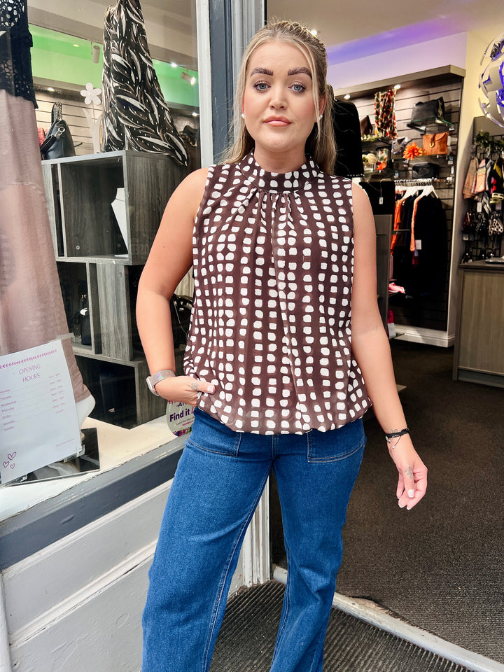 Dot Design Bubble Hem Sleeveless Blouse CHOCOLATE