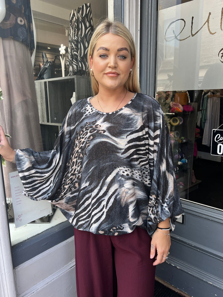 Lillian Mixed Animal Print Shimmer Top CHARCOAL