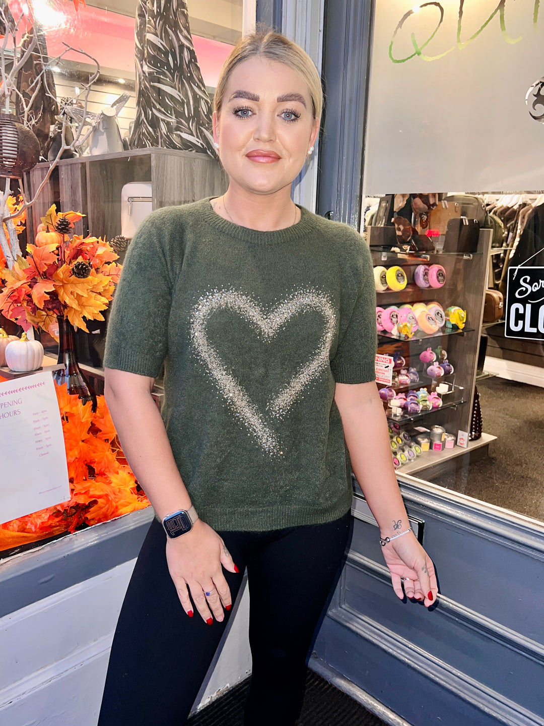 Thea Diamante Embossed Heart Knit KHAKI