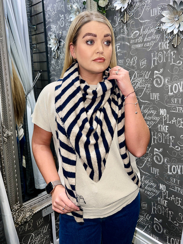 Striped Triangle Scarf NAVY/TAUPE