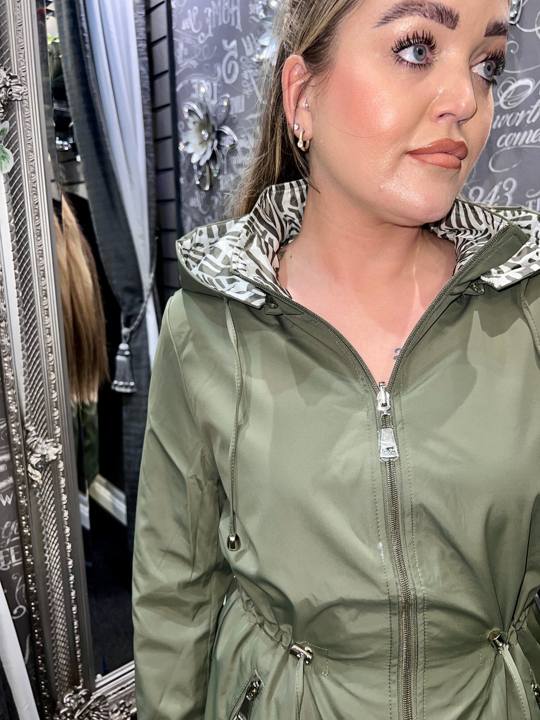 Zoe Abstract Print Reversible Rain Coat KHAKI Size