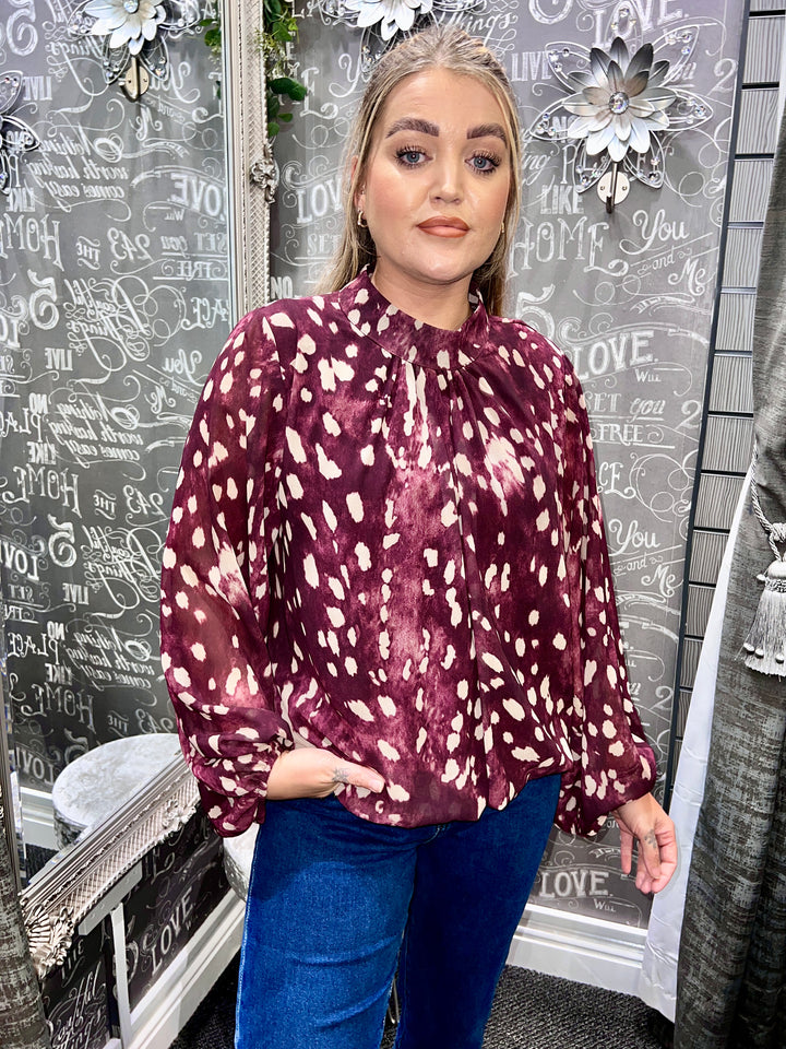 Jade Deer Print Bubblehem Blouse BURGUNDY