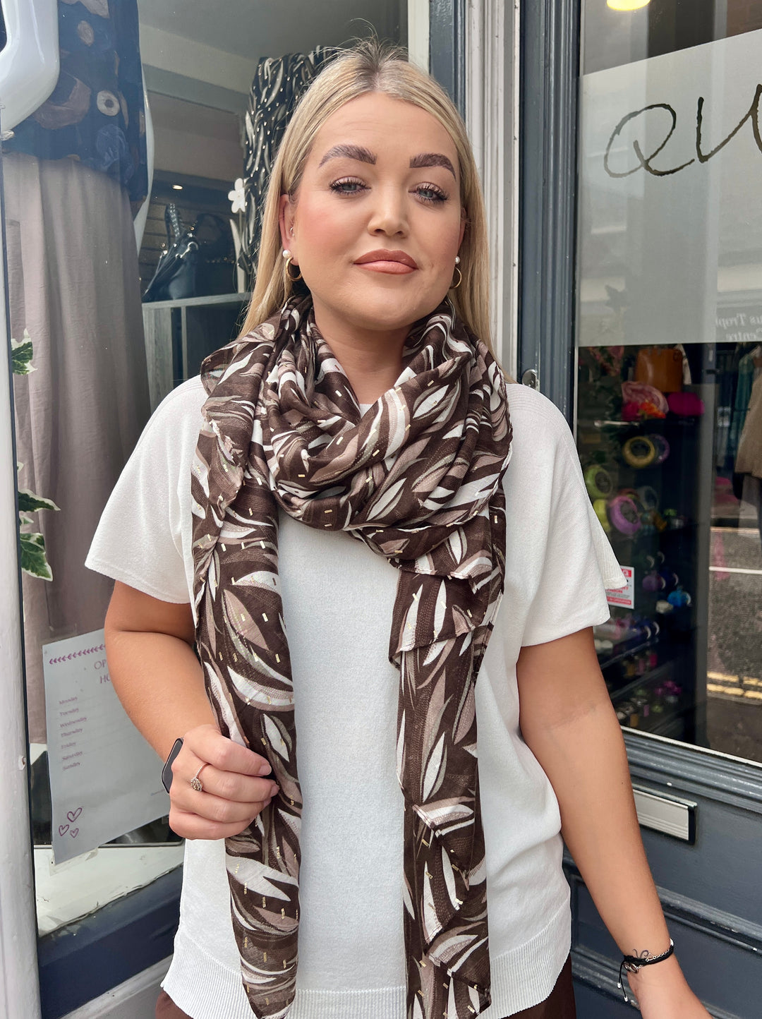 Bold Leaf Print Scarf BROWN