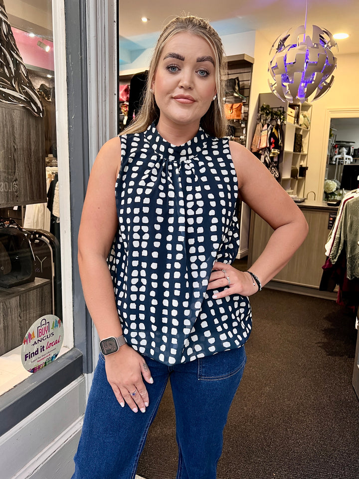 Dot Design Bubble Hem Sleeveless Blouse NAVY