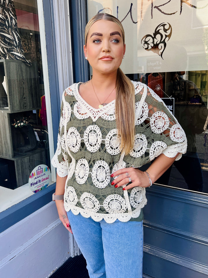 Alice V-Neck Crochet Top KHAKI