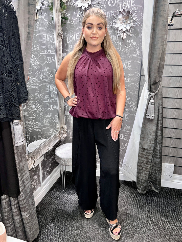 Textured Dot Sleeveless Bubblehem Blouse PLUM