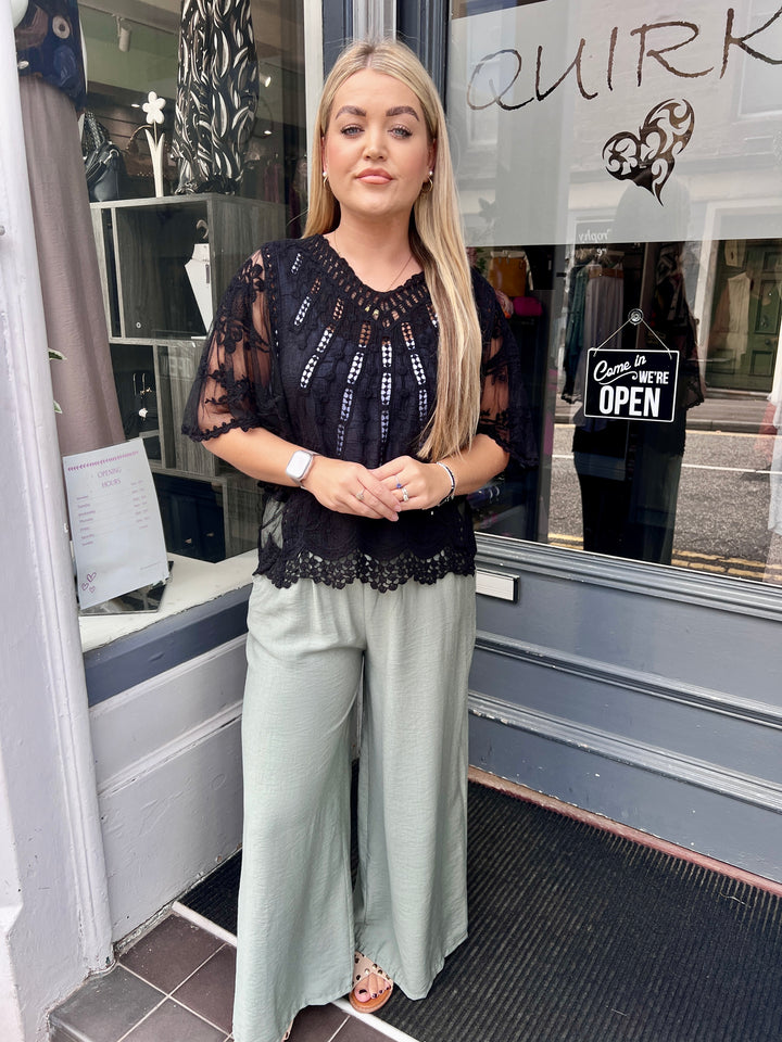 Suzi Embroidered Lace Sleeve Top BLACK